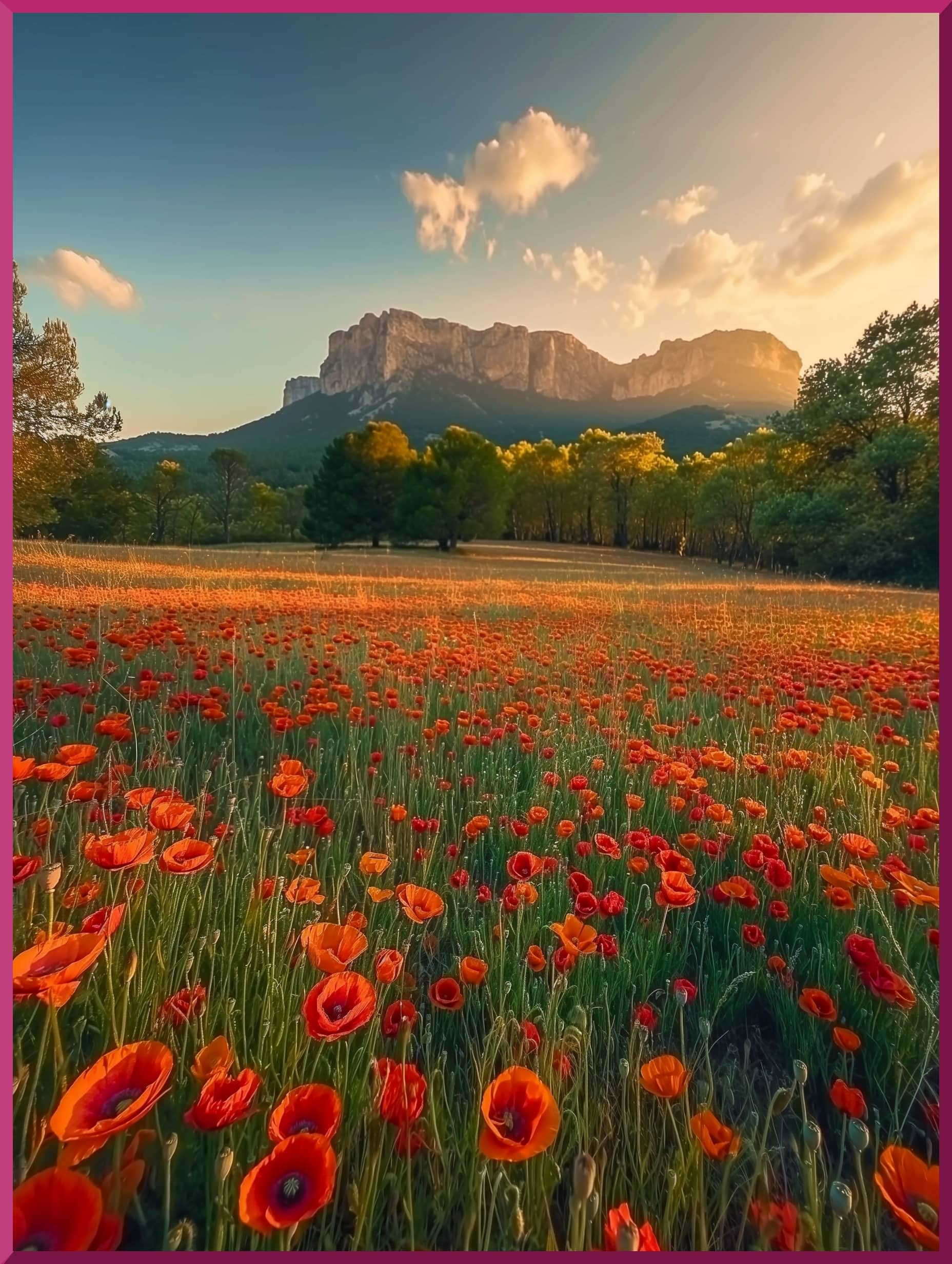 Paysage provençal avec un champs de coquelicot